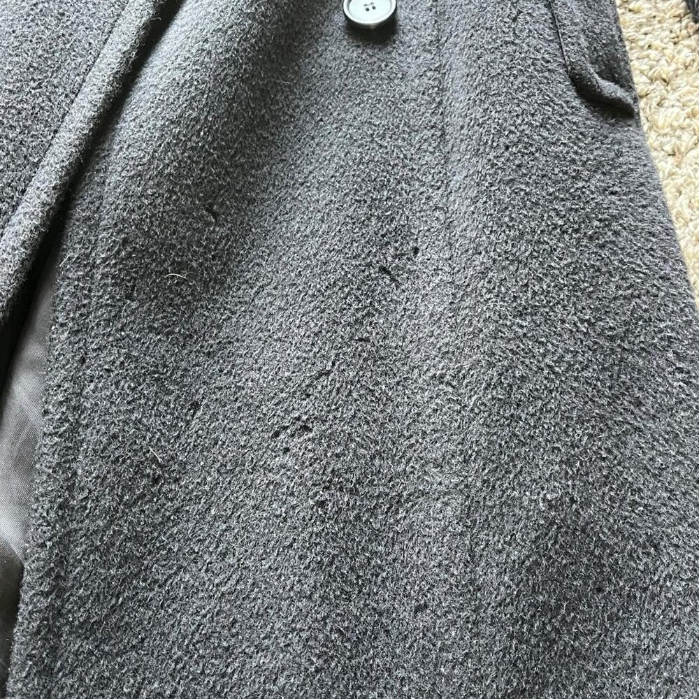 Of Benetton 100% Wool Black Trench Coat Women 10/Large Faux Fur Elegant Feminine - Picture 8 of 8